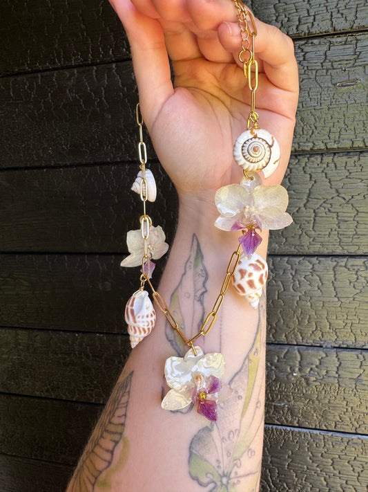 White Orchid and shell charm necklace