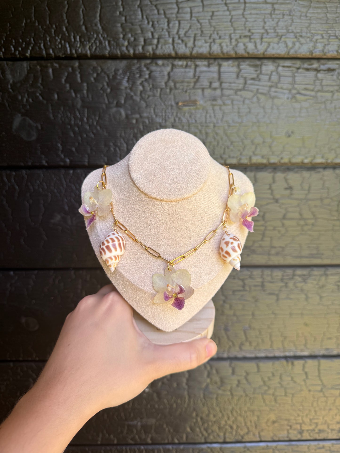 White Orchid and shell charm necklace