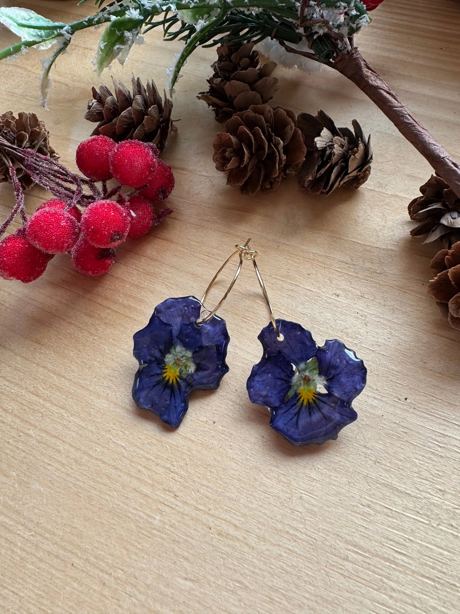 Blue pansies earrings Handmade jewelry Real violets in resin SYLLIA