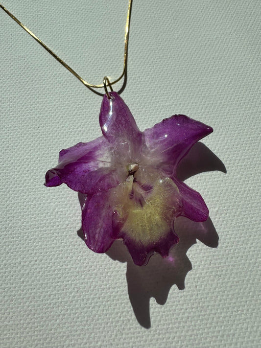Purple dendrobium orchid necklace