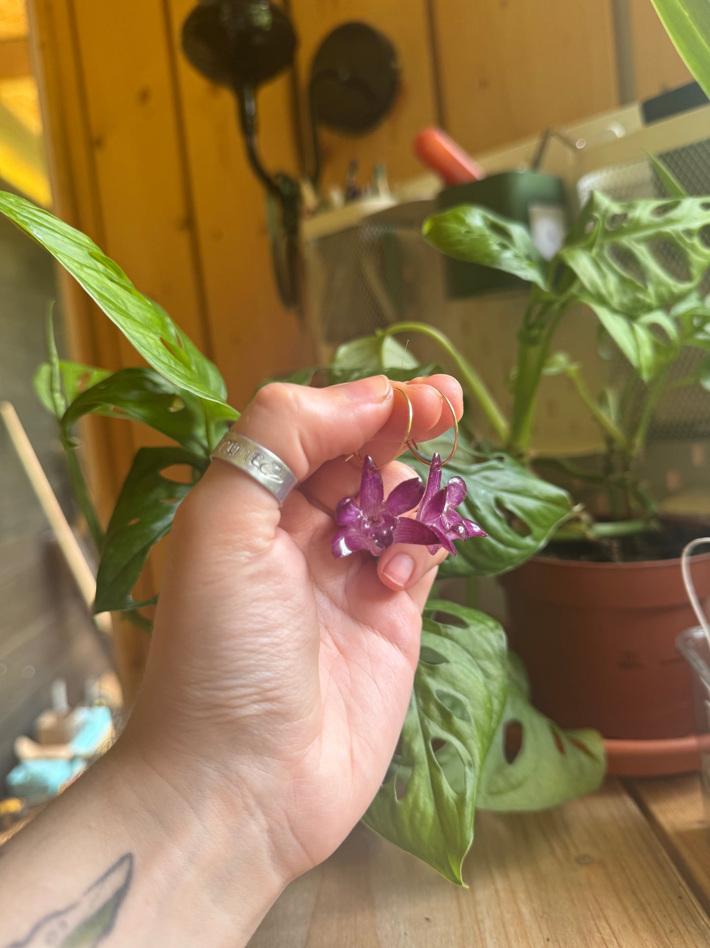 Real Mini Dendrobium Hoops – Handmade Orchid Earrings for Cottagecore Style