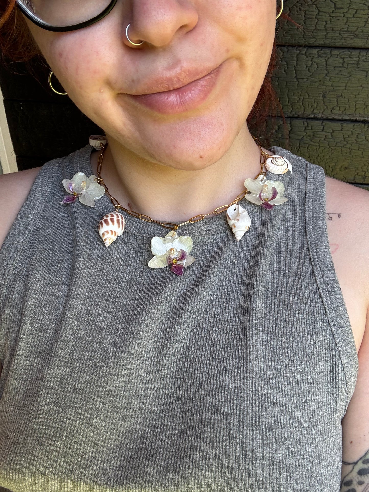 White Orchid and shell charm necklace