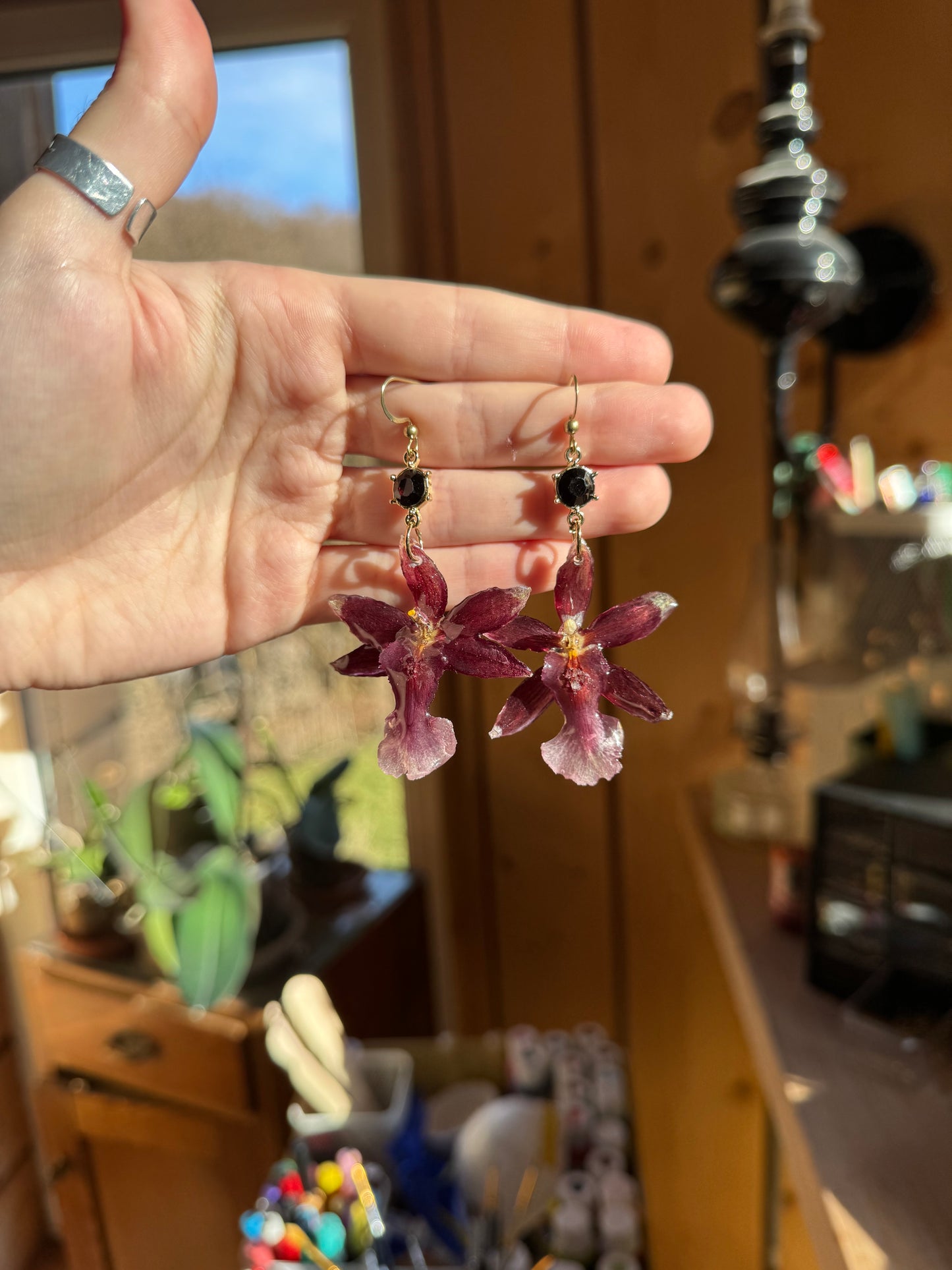 burgundy orchid earrings