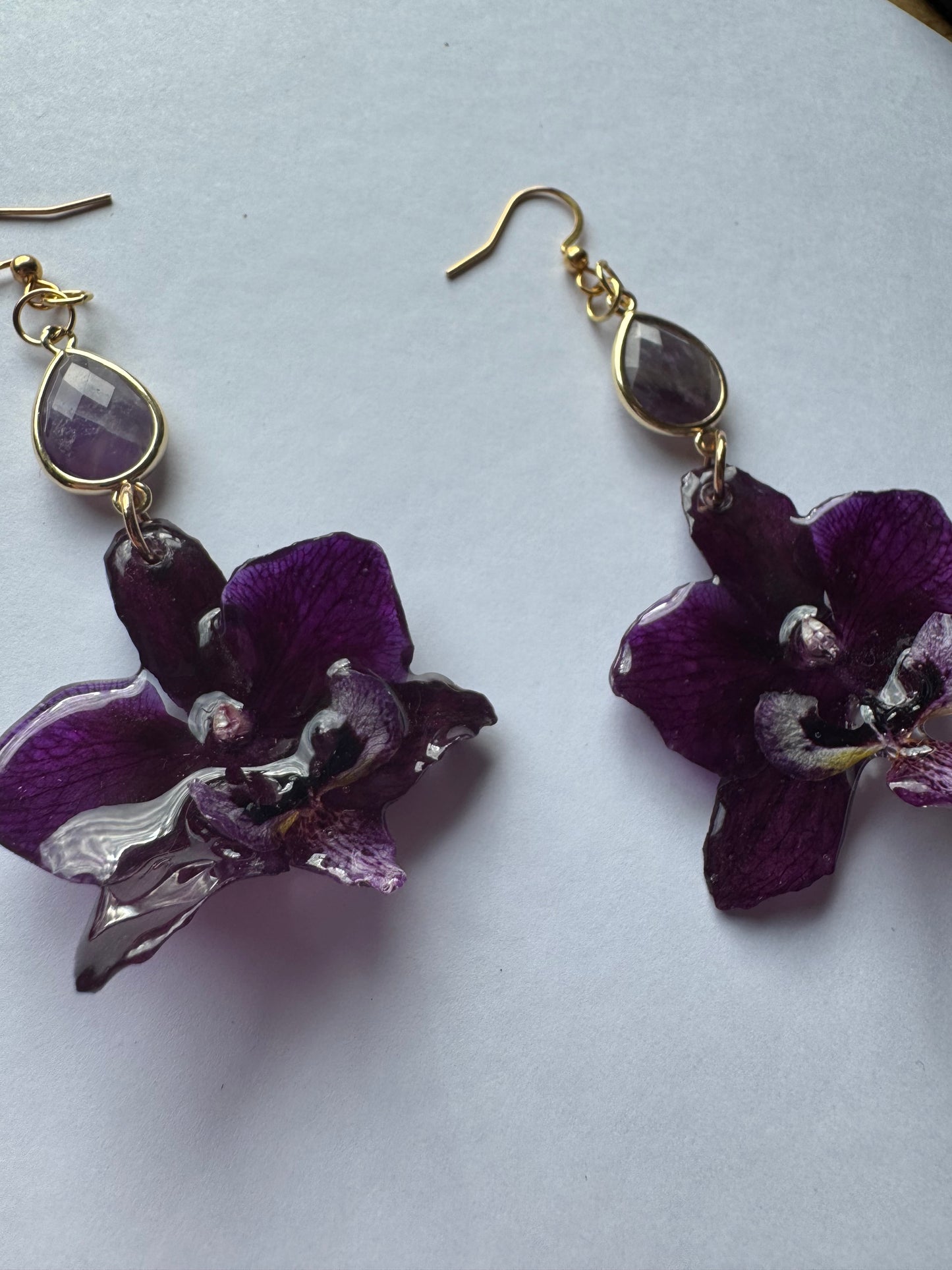 Dark purple orchid earrings with amethyst