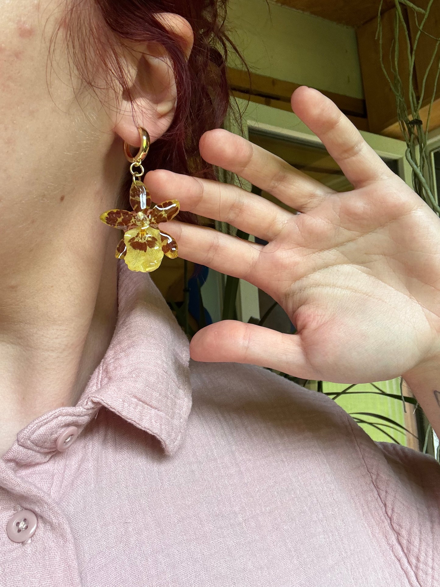 Dainty Yellow Orchid Huggies – Pressed Flower Earrings Gift for Her