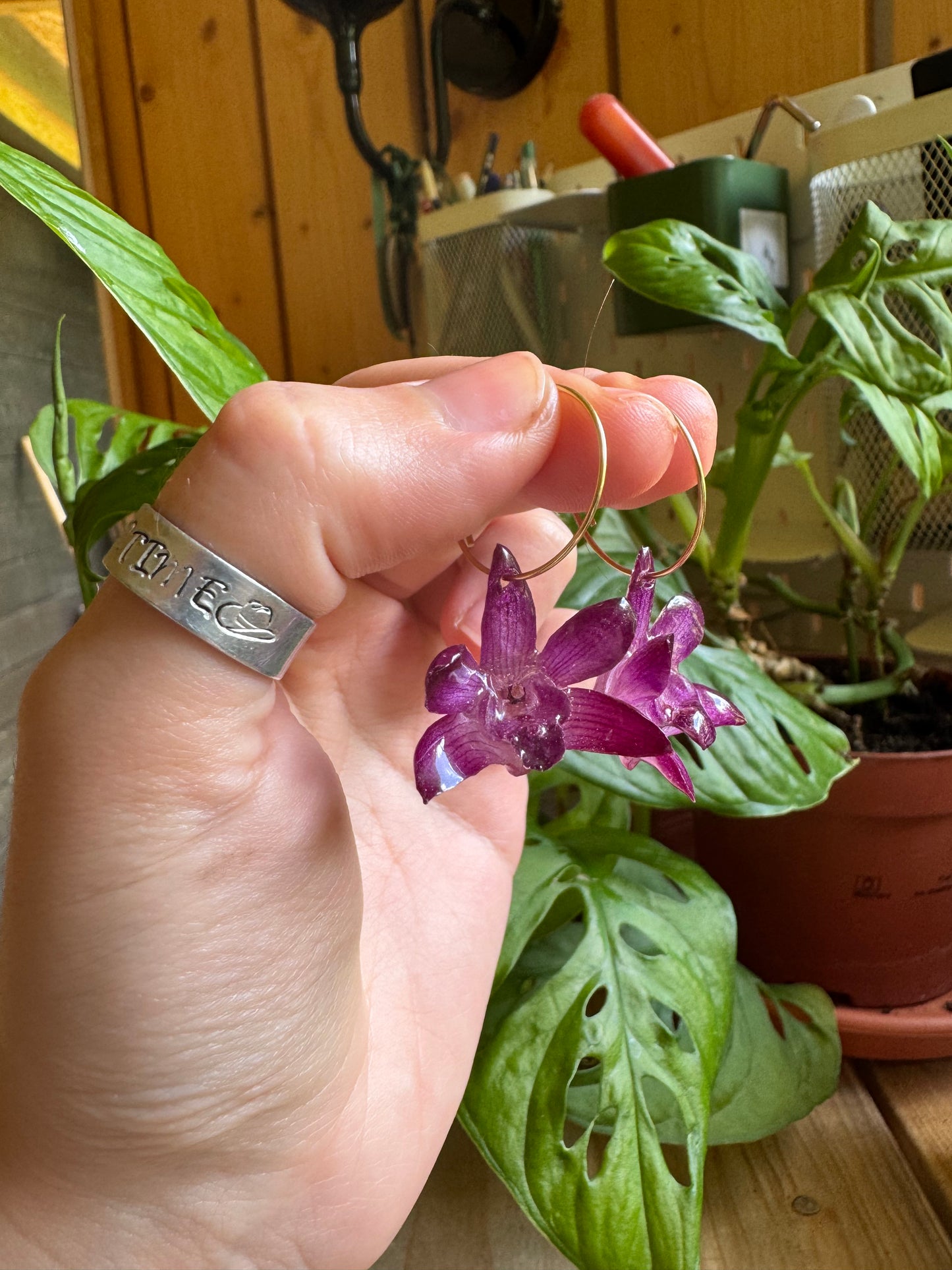 Real Mini Dendrobium Hoops – Handmade Orchid Earrings for Cottagecore Style