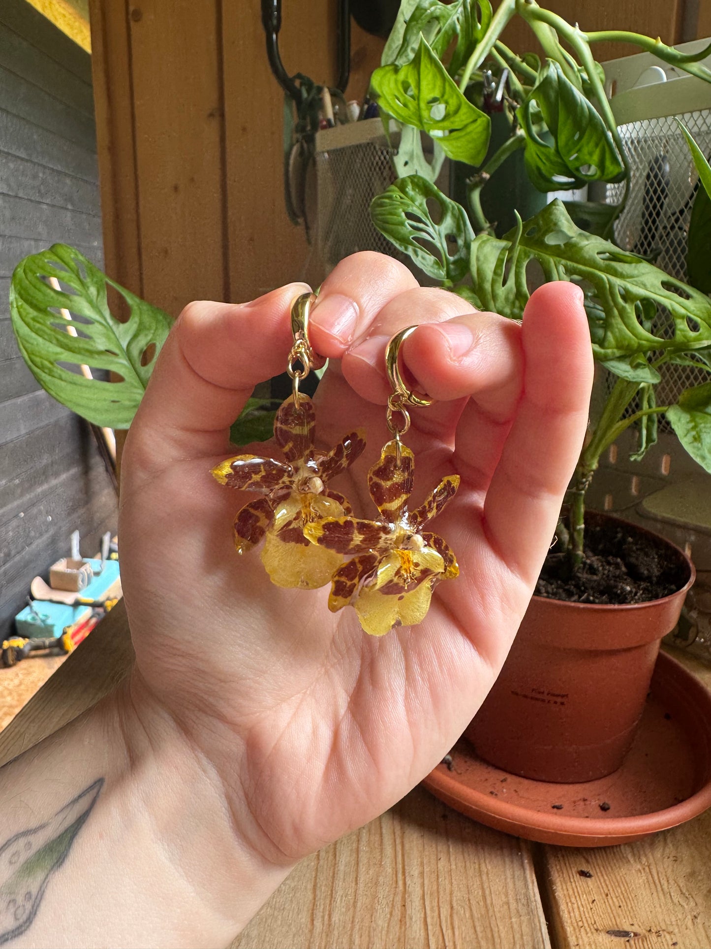 Dainty Yellow Orchid Huggies – Pressed Flower Earrings Gift for Her
