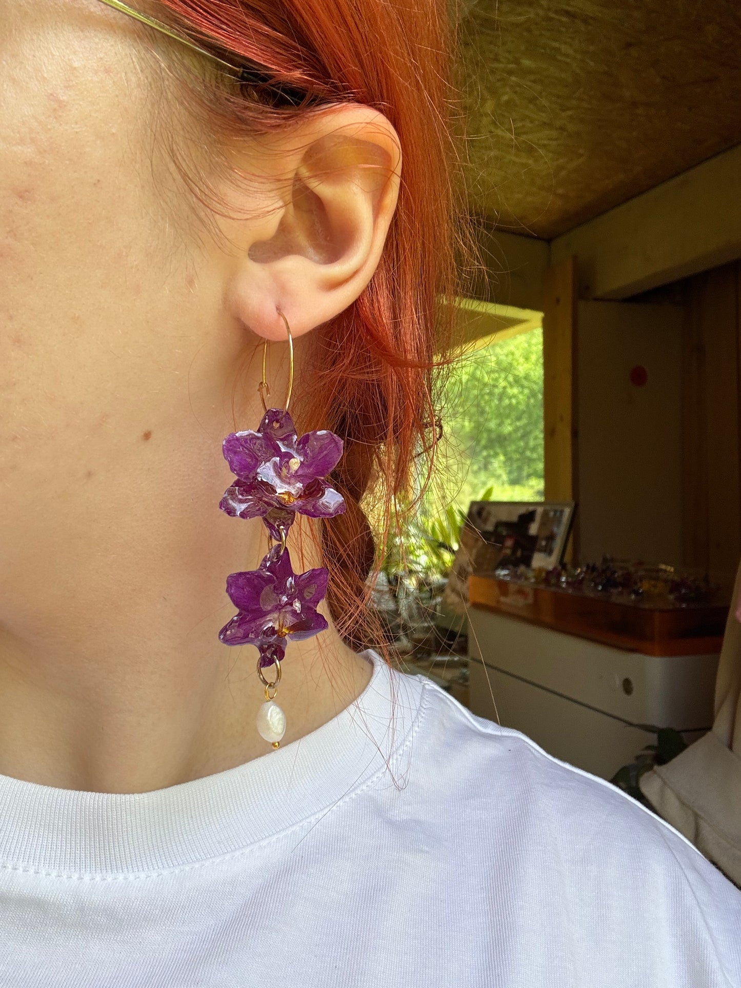 Cascading orchid hoops with pearls