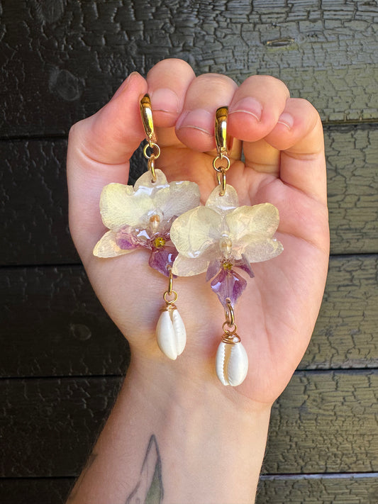 White Orchid and shell earrings