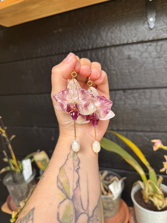 Pink orchid earrings with pearls SYLLIA
