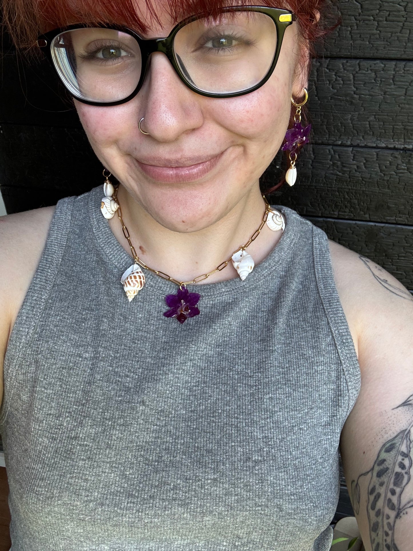 Orchid and shell charm necklace