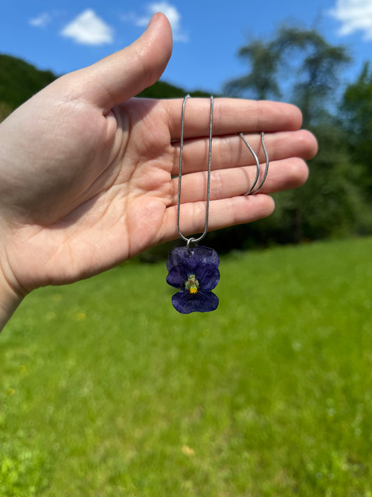 Blue pansy necklace
