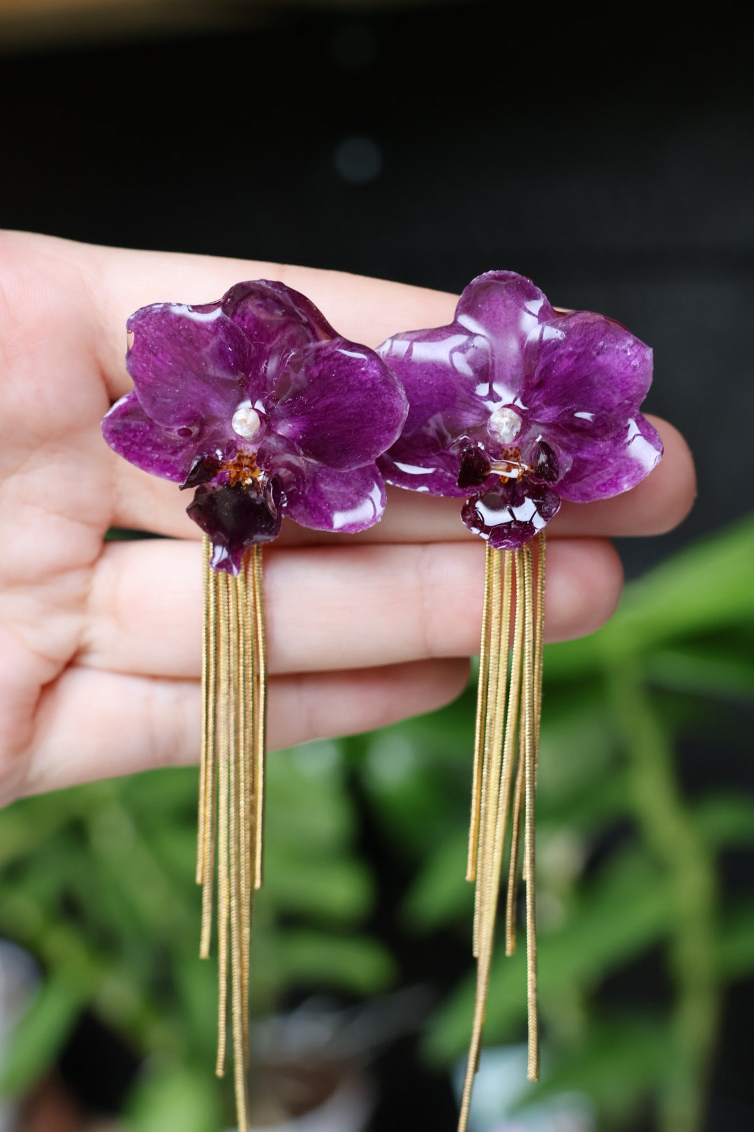 Purple chain dangle orchid earrings SYLLIA