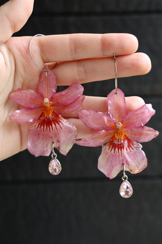 Real Pink Orchid Earrings – Handmade Botanical Jewelry, Fairycore Cottagecore Flower Earrings