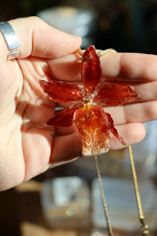 Real Red Orchid Necklace – Handmade Botanical Jewelry, Romantic Flower Pendant SYLLIA