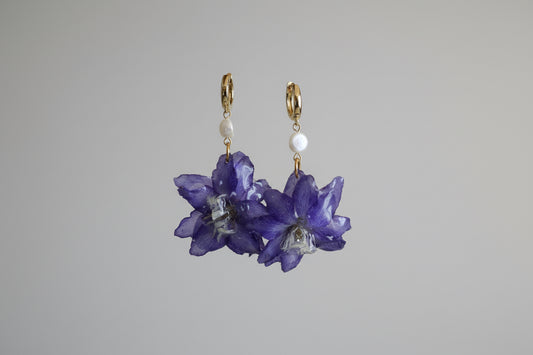 Delphinium and pearl earrings SYLLIA