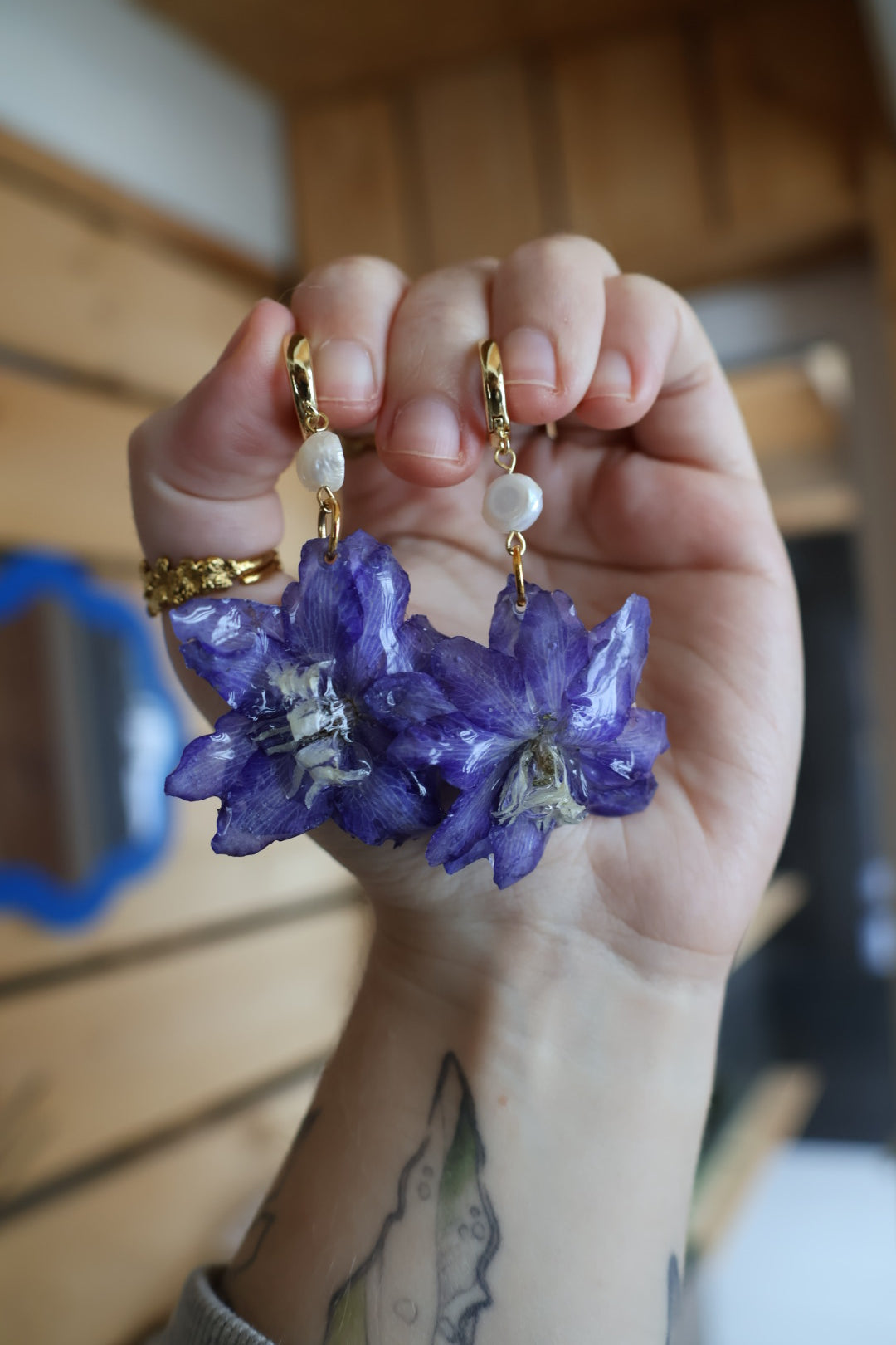 Delphinium and pearl earrings SYLLIA