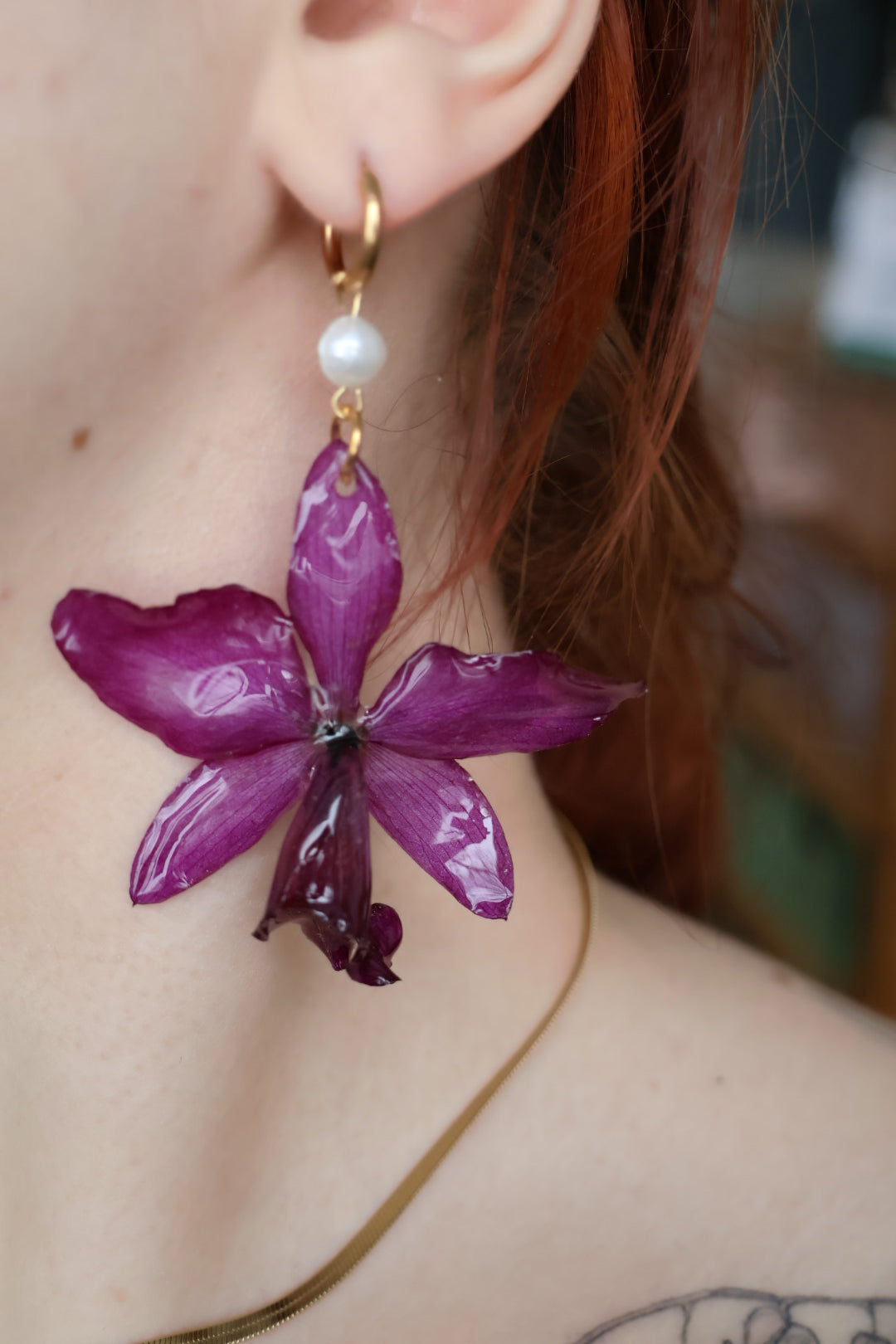 Unique purple orchid earrings SYLLIA