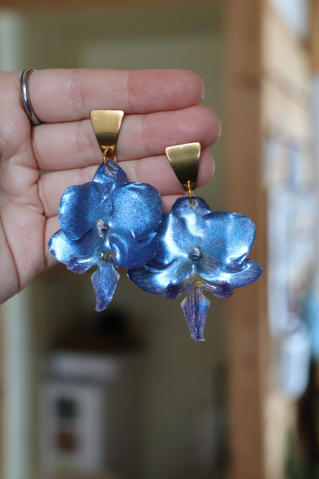 Blue chrome orchid earrings SYLLIA