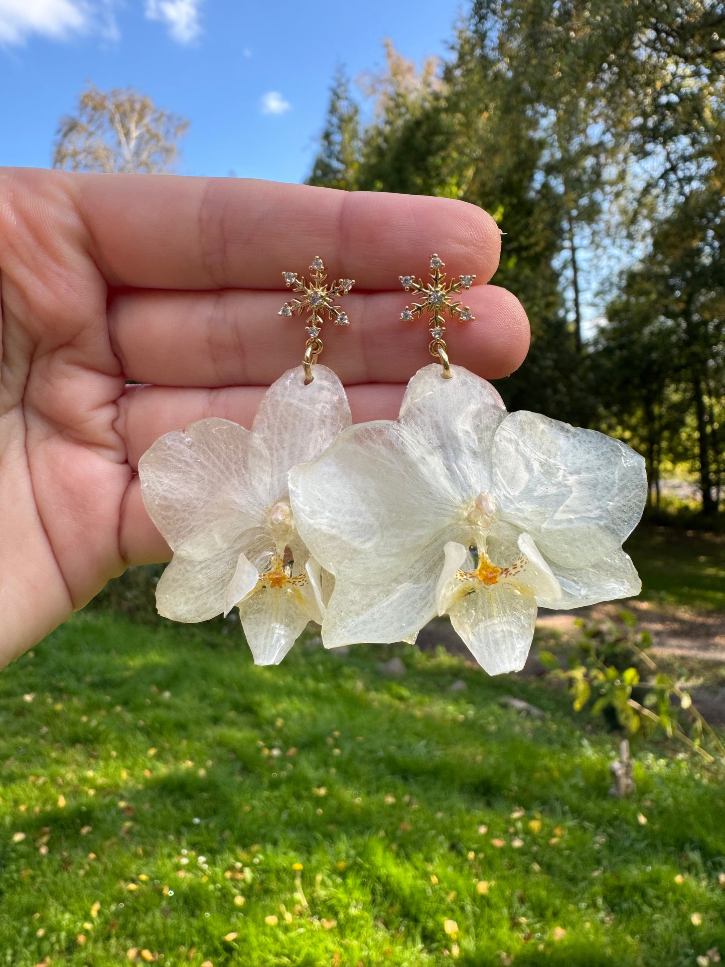 Real White Christmas Orchid Earrings – Handmade Botanical Jewelry, Elegant Winter Flower Earrings