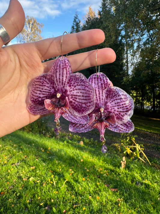 Real Purple Orchid Earrings with Amethyst – Handmade Botanical Jewelry, Fairycore Orchid Flower Earrings
