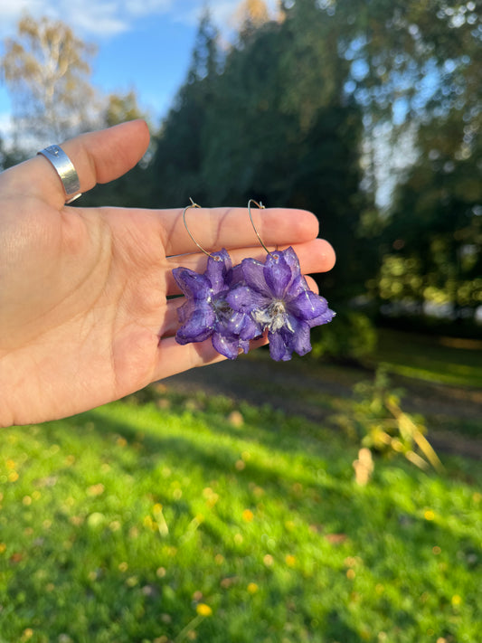 Real Blue Delphinium Earrings – Handmade Botanical Jewelry, Fairycore Cottagecore Flower Earrings