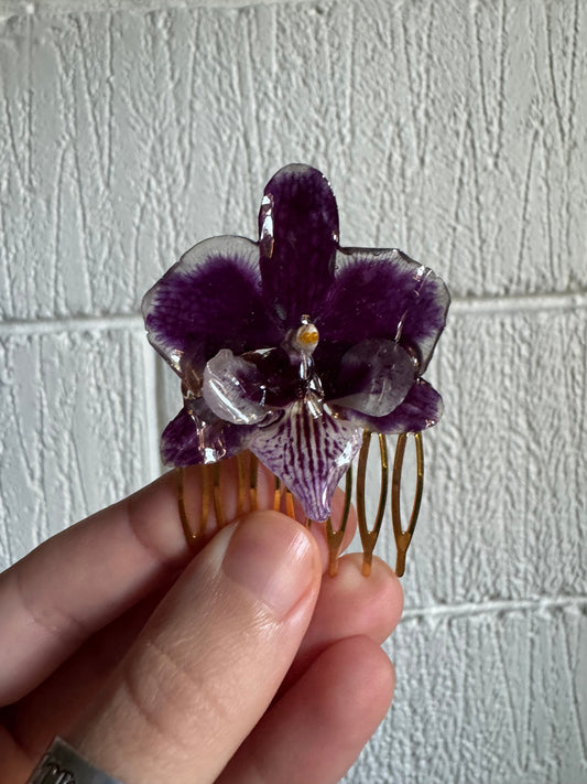 Real Dark Purple Orchid Hairpin – Handmade Botanical Hair Accessory, Elegant Fairycore Flower Hair Clip SYLLIA