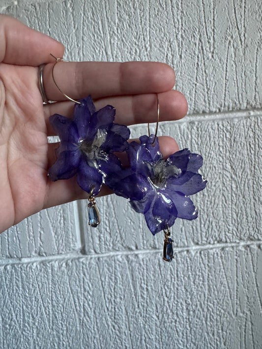 Real Delphinium Earrings – Handmade Blue Flower Jewelry, Fairycore Botanical Earrings SYLLIA