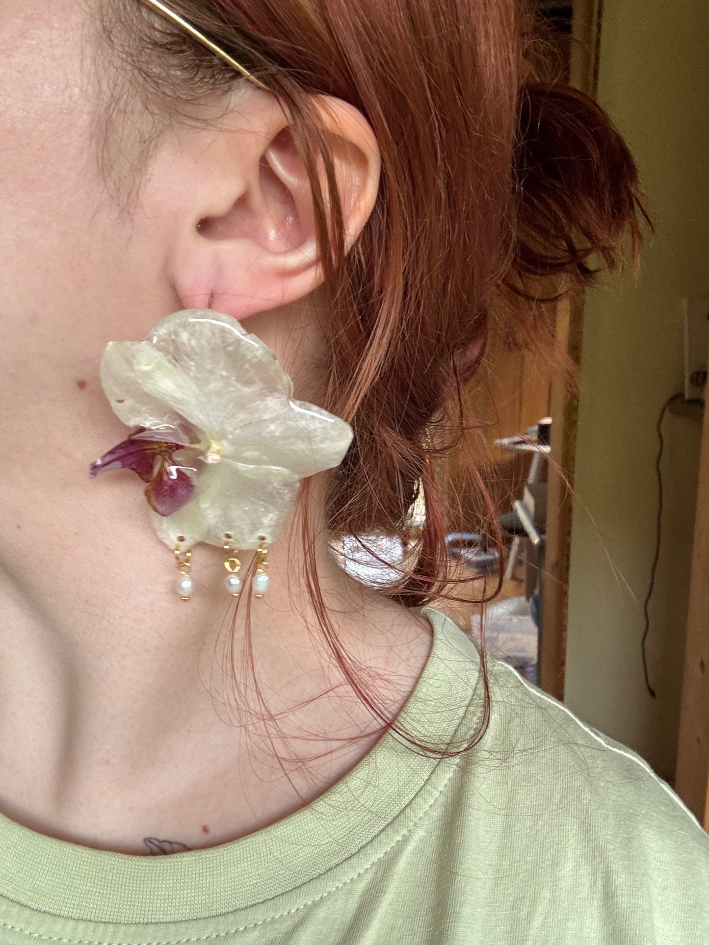 Real Preserved Orchid Earrings with Pearl Drops SYLLIA
